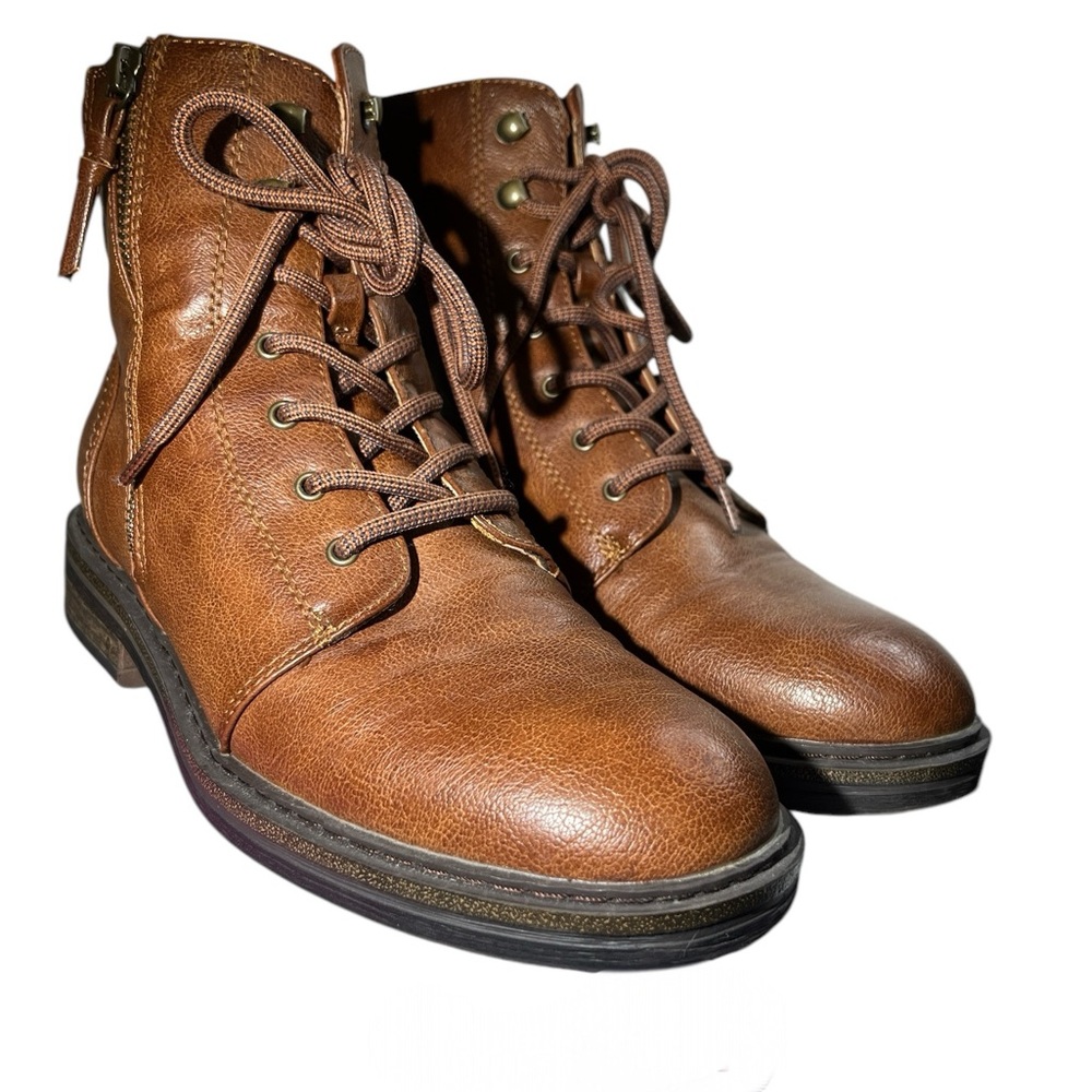 BareTraps Amysue Lug Sole Brown Leather Lace-Up Women’s Combat Moto Boots, 9